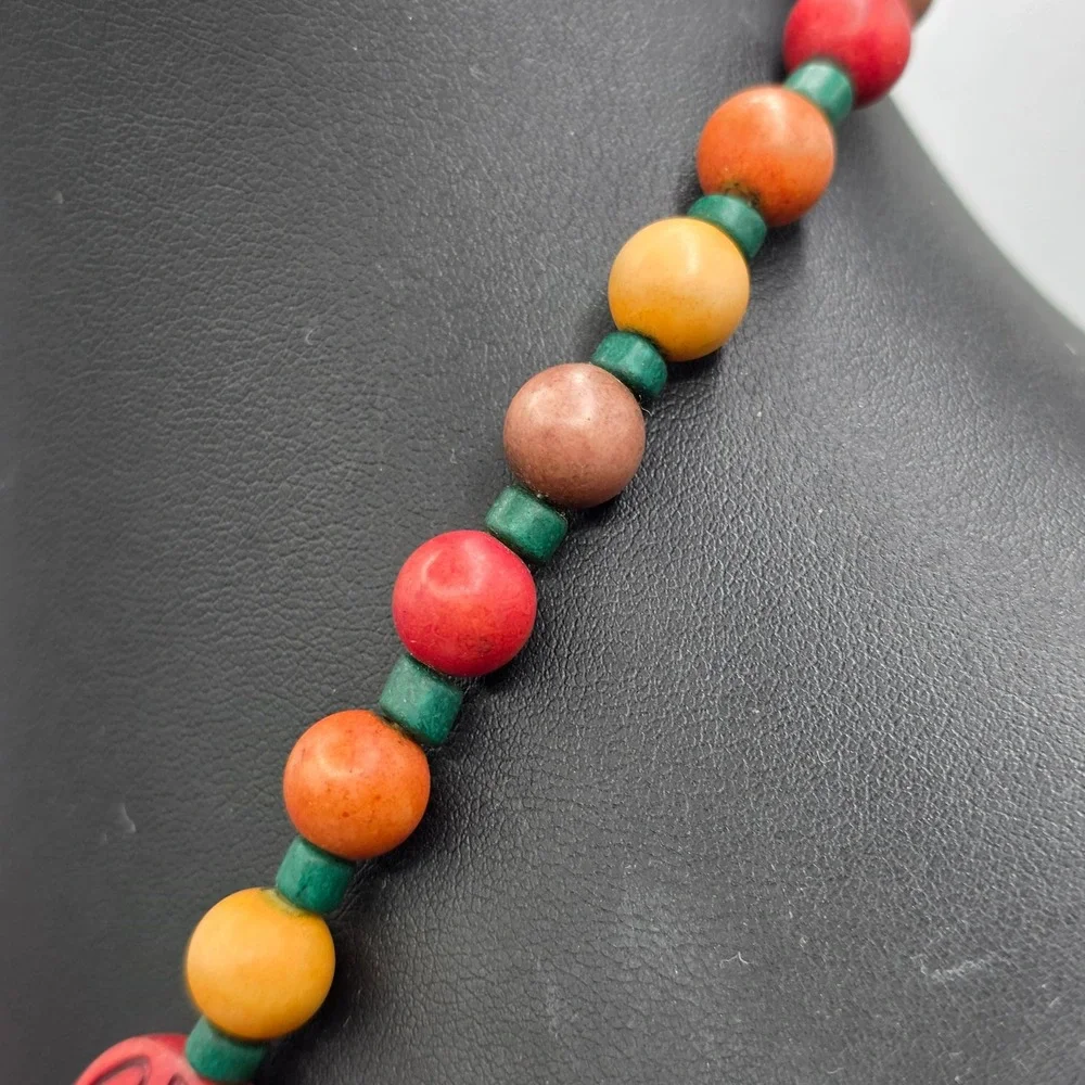 Boho Beaded Necklace Multicolor Carved Wood Gold Filigree‎ Tribal Statement 28in
